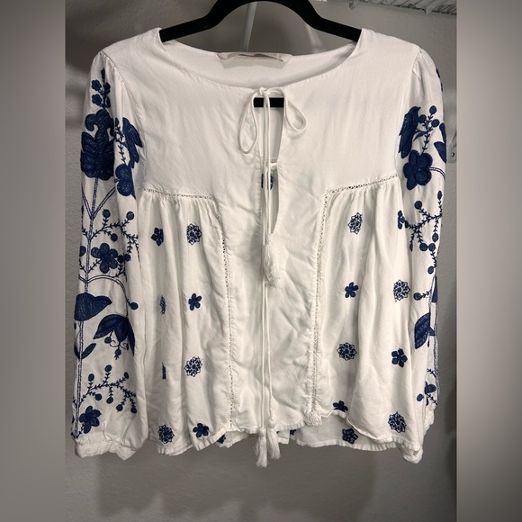 Zara Tops - Zara Embroidered White and Blue Blouse